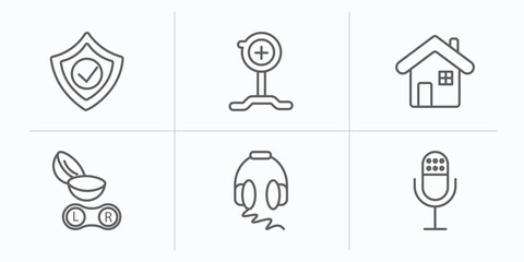 Poster - technology outline icons set. thin line icons such as safe shield protection, pitching hine, domestic, contact lens, big headphones, big microphone vector.