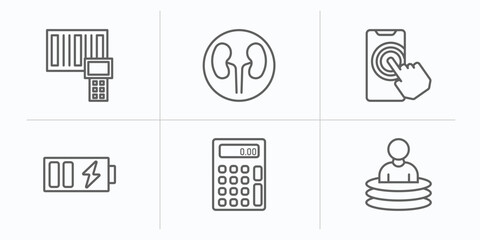 Poster - technology outline icons set. thin line icons such as portable scanner, dialysis, touchscreen, battery power, basic calculator, teletransportation vector.