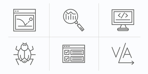 Poster - technology outline icons set. thin line icons such as bounce rate, search engine marketing, self-closing tag, bugs, selector, kerning vector.