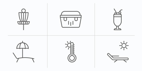 Poster - summer outline icons set. thin line icons such as disc golf, portable fridge, milkshake, beach chair, summer temperature, deck chairs and sun vector.