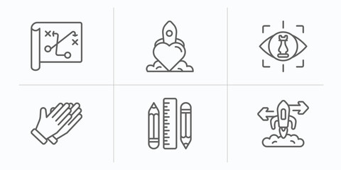 Poster - startup stategy and outline icons set. thin line icons such as strategy sketch, reaction, strategic vision, clap, stationery, choose vector.