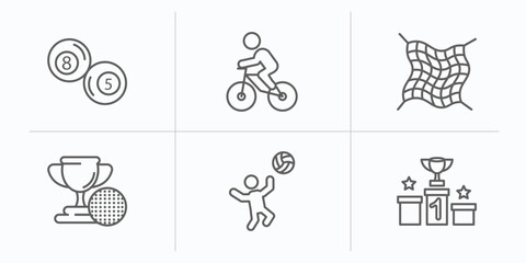 Poster - sports outline icons set. thin line icons such as ball pool, bicycle rider, fishing net, golf champion, man playing volleyball, podium with cup vector.