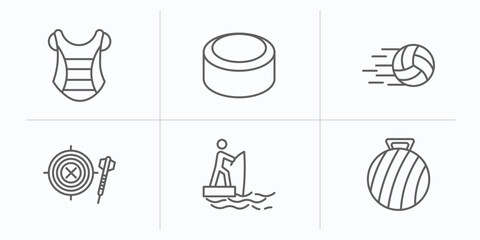 Poster - sports outline icons set. thin line icons such as chest guard, hockey puck, volleyball ball, dartboa