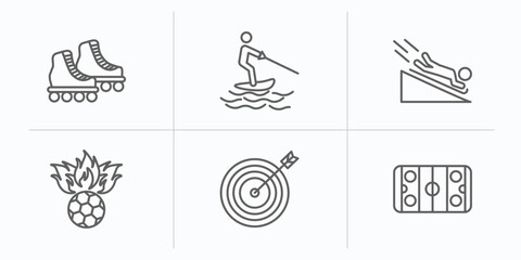 Wall Mural - sports outline icons set. thin line icons such as roller skate, jet surfing, scuba diving, soccer football ball, bullseye, hockey arena vector.