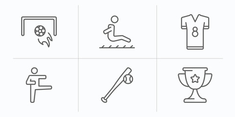 Poster - sport outline icons set. thin line icons such as football, long jump, football jersey, karate, baseb