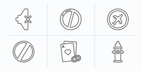 Poster - signs outline icons set. thin line icons such as mute, no entry, airport, forbidden, gambling, hydrant vector.