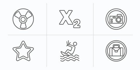 Poster - signs outline icons set. thin line icons such as radioactive, subscript, camera, favourite star, kitesurf, suitcase vector.
