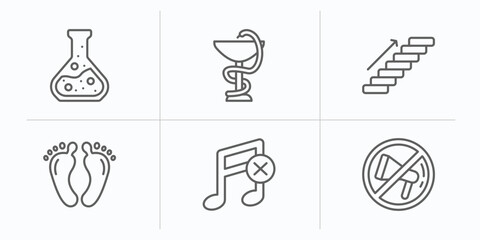 Poster - signs outline icons set. thin line icons such as chemical products, phary, stairs, barefoot, no music, no shouting vector.