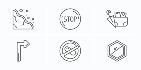 Poster - signs outline icons set. thin line icons such as landslide, stop, lost items, turn, no drugs, slope vector.