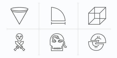 Poster - shapes outline icons set. thin line icons such as inverted cone, radius of circle, cube, skull and dagger, skull and snake, halving vector.