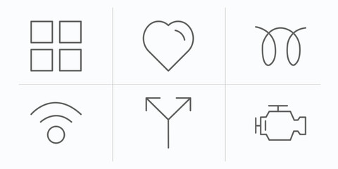 Poster - shapes outline icons set. thin line icons such as four squares, black heart, glowplug, wireless, y shaped intersection, malfunction indicador vector.