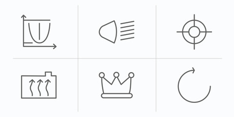 Poster - shapes outline icons set. thin line icons such as parabola, high beam, focus button, engine coolant, prince crown, rotate circle vector.