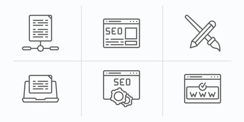 Aufkleber - search engine optimization outline icons set. thin line icons such as sharing archives, home page, de, blogging, seo and web, domain registration vector.