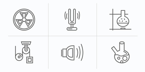 Poster - science outline icons set. thin line icons such as radiation, sound fork, lab, pulley, sound, beaker vector.
