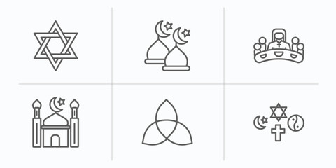 religion outline icons set. thin line icons such as hebrew, abrahamic, last supper, mosque, paganism, religion vector.