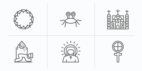 Poster - religion outline icons set. thin line icons such as crown of thorns, pastafarianism, monastery, prayer, jesus, gticism vector.