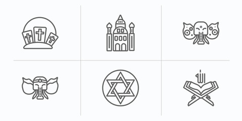 Poster - religion outline icons set. thin line icons such as calvary, jewish, holy elephant, ganesha, judaism, koran vector.