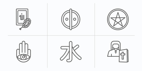 Sticker - religion outline icons set. thin line icons such as quran, animism, pagan, hamsa, confucianism, orthodox vector.