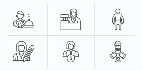 Poster - professions outline icons set. thin line icons such as waiter, clerk, boxer, writer, financial manager, lumberjack vector.