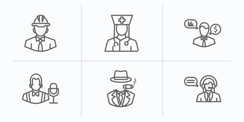 Poster - professions outline icons set. thin line icons such as engineer, physician assistant, financial advisor, showman, mafia, telemarketer vector.