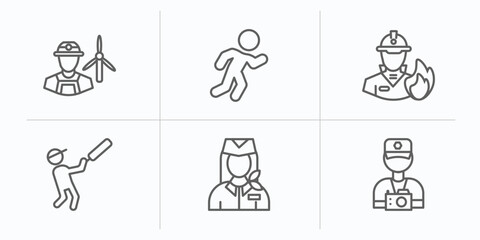 Poster - professions outline icons set. thin line icons such as wind turbine technician, athlete, firefighter, cricket player, air hostess, photographer vector.