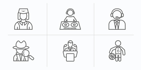 Poster - professions outline icons set. thin line icons such as stewardess, dj, callcenter, detective, politician, basketball player vector.