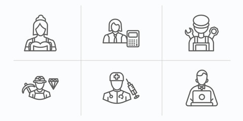 Poster - professions outline icons set. thin line icons such as maid, mathematician, mechanic, miner, surgeon, programmer vector.