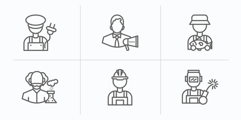 Poster - professions outline icons set. thin line icons such as electrician, marketing manager, fisherman, scientist, builder, welder vector.