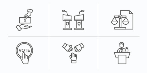 Poster - political outline icons set. thin line icons such as bribe, debate, political balance, vote, unity, political speech vector.