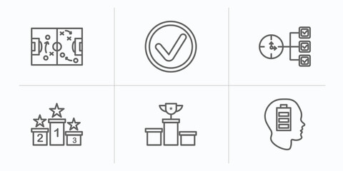 Poster - productivity outline icons set. thin line icons such as soccer tactics diagram, done, time hierarchy, winner on the podium, competition, mind charge vector.