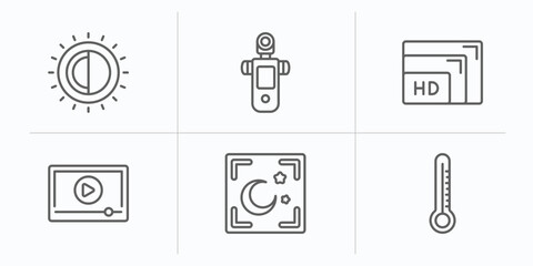 Poster - photography outline icons set. thin line icons such as contrast, light meter, resolution, play video, night mode, temperatures vector.