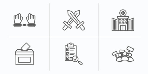 Poster - political outline icons set. thin line icons such as slavery, war, health clinic, voting, checking, protest vector.
