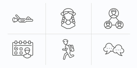 Poster - people outline icons set. thin line icons such as iying down, festa junina, networking connection, meeting date, backpacker running, speak bubble vector.