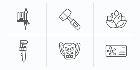 Poster - other outline icons set. thin line icons such as tattoo hine, mallet, loto, pipe wrench, japanese demon, chemistry business card vector.