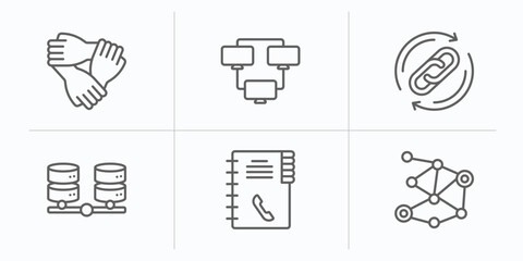 Poster - networking outline icons set. thin line icons such as arms, continuous line, backlink, balancing data, contact book, distribute vector.