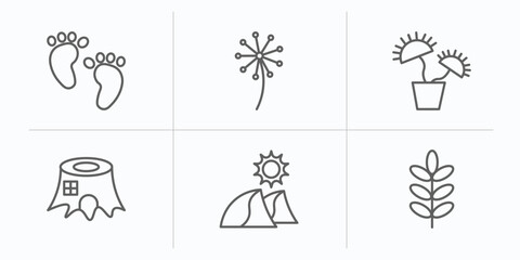 Sticker - nature outline icons set. thin line icons such as four toe footprint, pollen, carnivorous plant, stump house, dune, acacia vector.