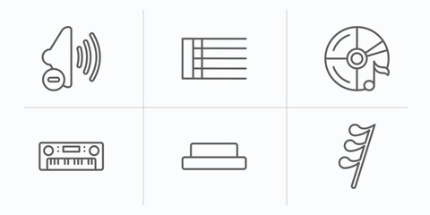 Poster - music and media outline icons set. thin line icons such as low volume speaker, bold double bar line, cd, synthesizer, half rest, thirty second note rest vector.