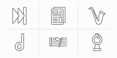 Poster - music and media outline icons set. thin line icons such as skip, newspaper report, jazz, minim, eight note rest, webcam video call vector.