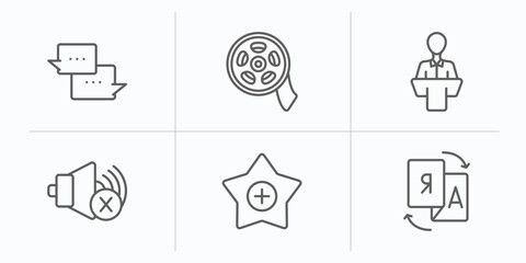 Poster - multimedia outline icons set. thin line icons such as chat speech bubbles, rolls, science conference, speaker mute, favorites, translate vector.