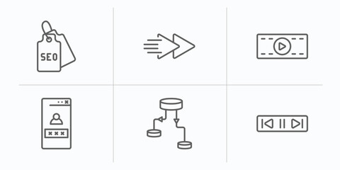 Poster - multimedia outline icons set. thin line icons such as seo tag, fast, movie clip button, web log in, data flow chart, music controller vector.