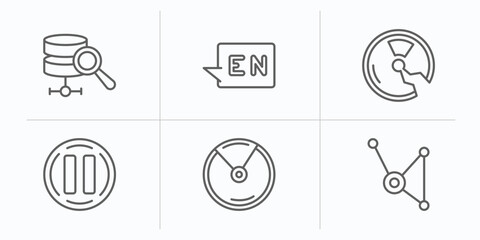 Poster - multimedia outline icons set. thin line icons such as database analysis, english, broken disc, big pause button, compact disc with glare, substance vector.