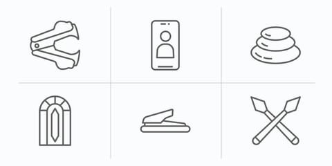 Poster - miscellaneous outline icons set. thin line icons such as stapler remover, front camera, pebble, stained glass window, puncher, spears vector.