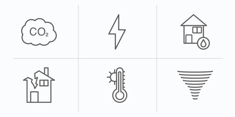 Poster - meteorology outline icons set. thin line icons such as co2 gas, thunder, flooded home, broken house, hot thermometer, tornado season vector.