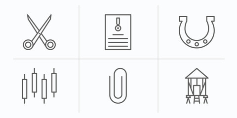 Poster - miscellaneous outline icons set. thin line icons such as scissor, enlist, horseshoes, candlestick, paperclip attachment, granary vector.