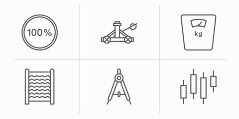 Poster - miscellaneous collection. outline icons set. thin line icons such as 100 percent, catapult, body weight, washboard, school compass, candlesticks vector.
