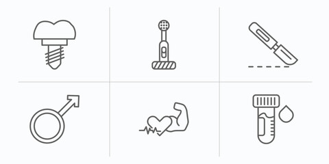 Poster - medical outline icons set. thin line icons such as implants, electric toothbrush, scalpel, male, fit, blood sample vector.