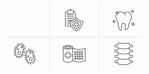 Poster - medical outline icons set. thin line icons such as breast implant, medical insurance, molar, bacteria, bandage, spinal column vector.