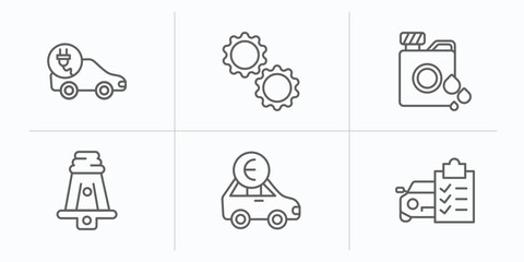 Poster - mechanicons outline icons set. thin line icons such as electric car and plug, two cogwheels, oil can with big drop, hine connector plug, car with euro, car repair check list vector.