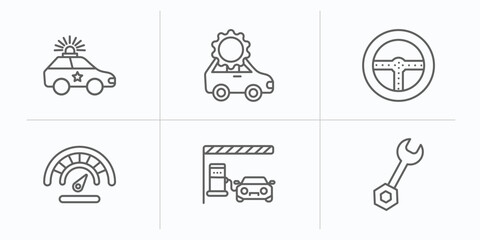 Poster - mechanicons outline icons set. thin line icons such as police car with lights, car with cogwheels, car steering wheel, fuel counter, in a gas station, repair wrenches vector.