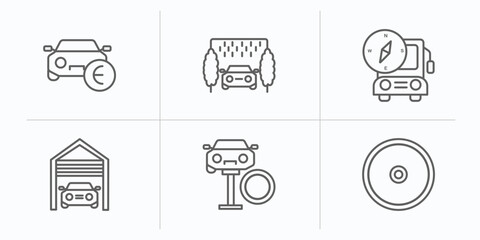 Poster - mechanicons outline icons set. thin line icons such as car sale in euros, car wash hine, bus with a compass, car inside a garage, changing tire, cart wheel vector.